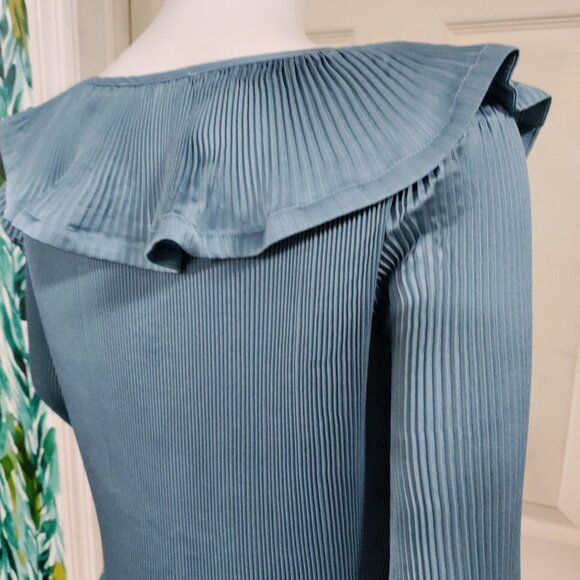 Derek Lam 10 Crosby Charis Pleated Ruffle Whimsy Top Long Bell Sleeves Blue S - Picture 7 of 15